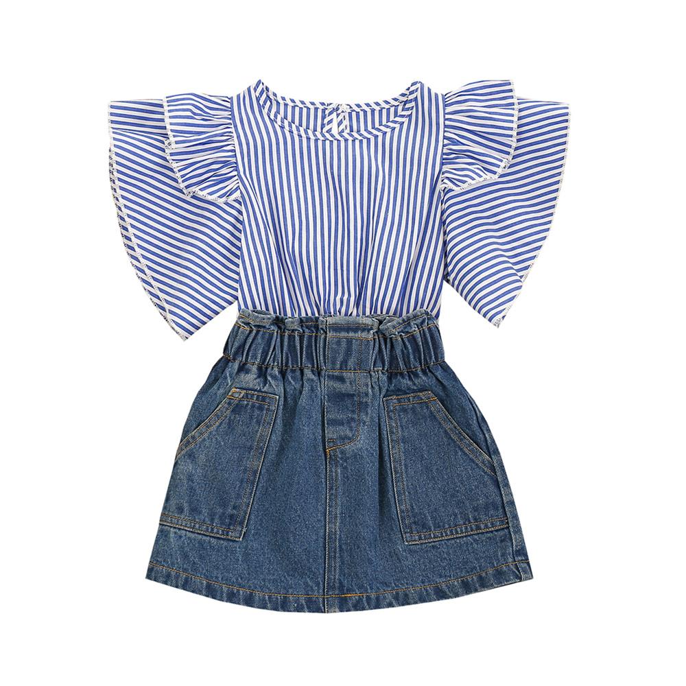 Girls Short Sleeve Striped Top & Denim Skirt wholesale kids clothing