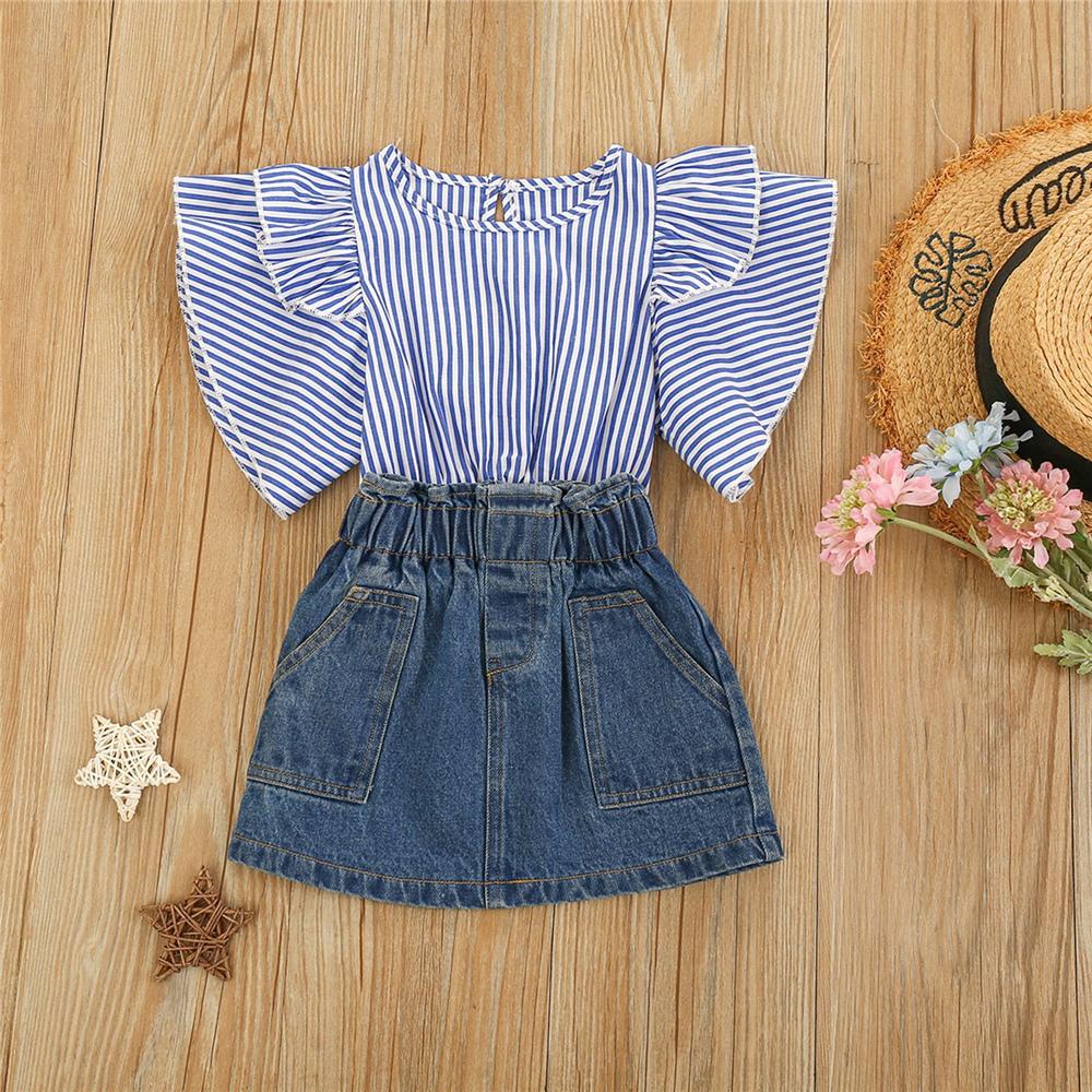 Girls Short Sleeve Striped Top & Denim Skirt wholesale kids clothing