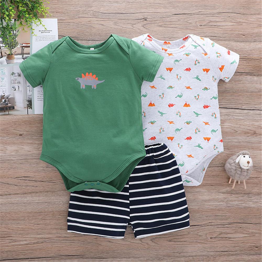 Baby Short Sleeve Summer 3PCS Striped Cartoon Animal Printed Rompers & Shorts Baby Clothing Wholesale