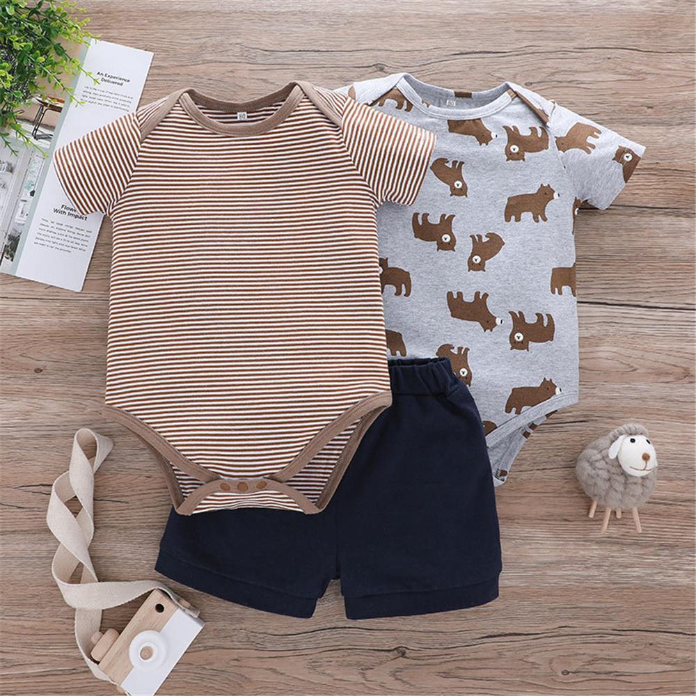 Baby Short Sleeve Summer 3PCS Striped Cartoon Animal Printed Rompers & Shorts Baby Clothing Wholesale