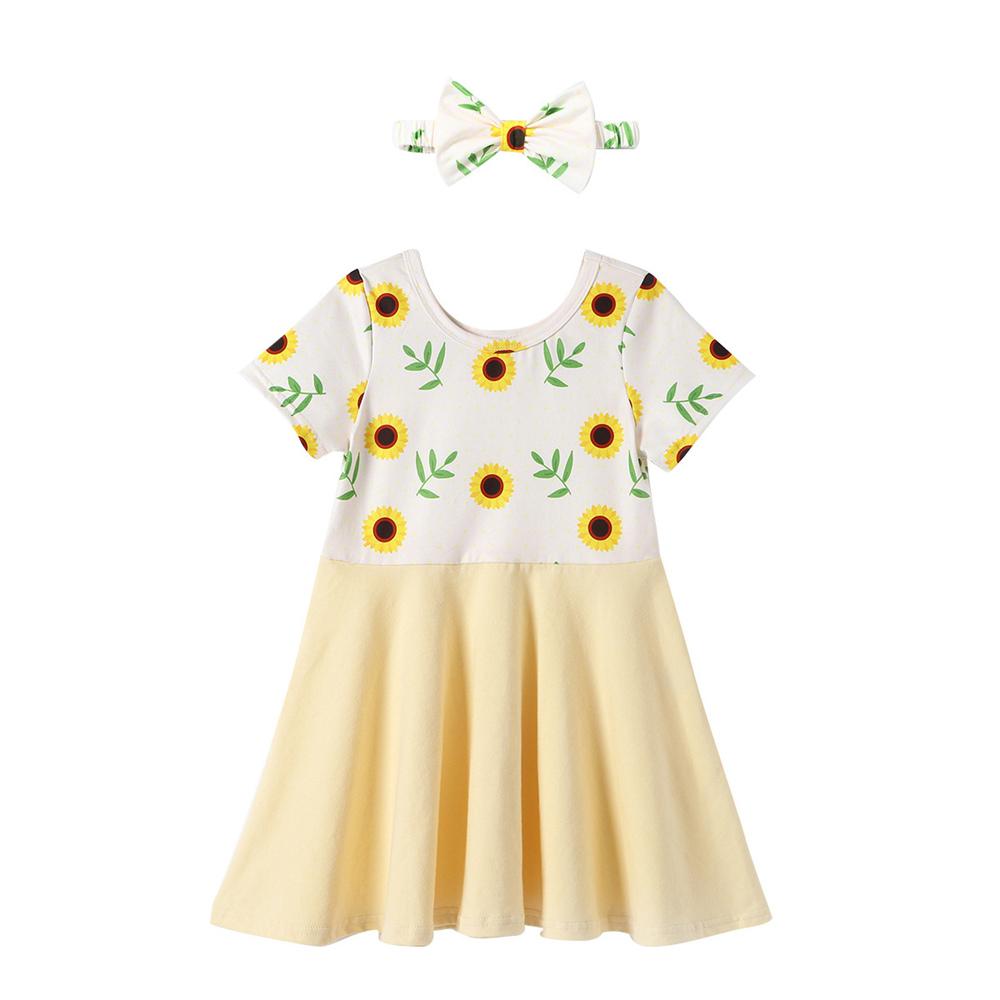 Girls Short Sleeve Sunflower Printed Dresses & Headband children wholesale clothing