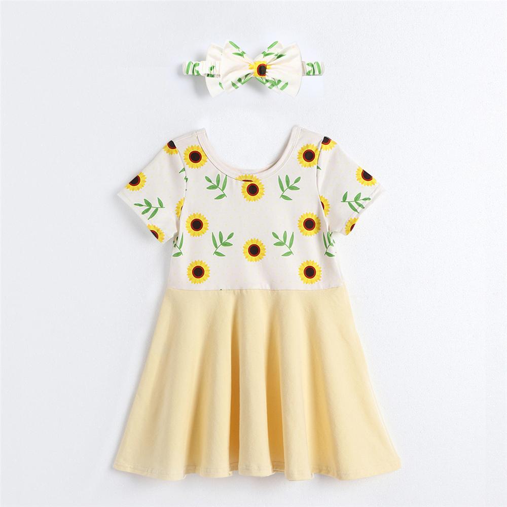 Girls Short Sleeve Sunflower Printed Dresses & Headband children wholesale clothing