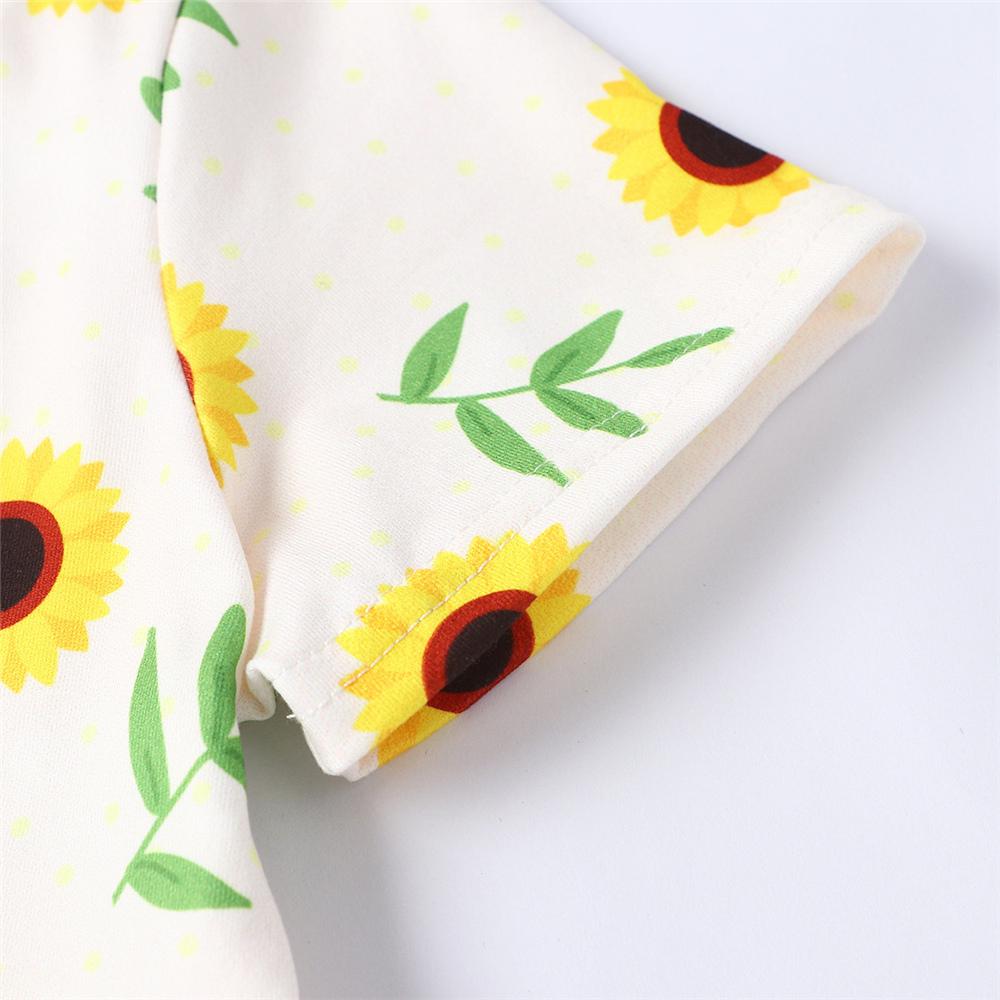 Girls Short Sleeve Sunflower Printed Dresses & Headband children wholesale clothing