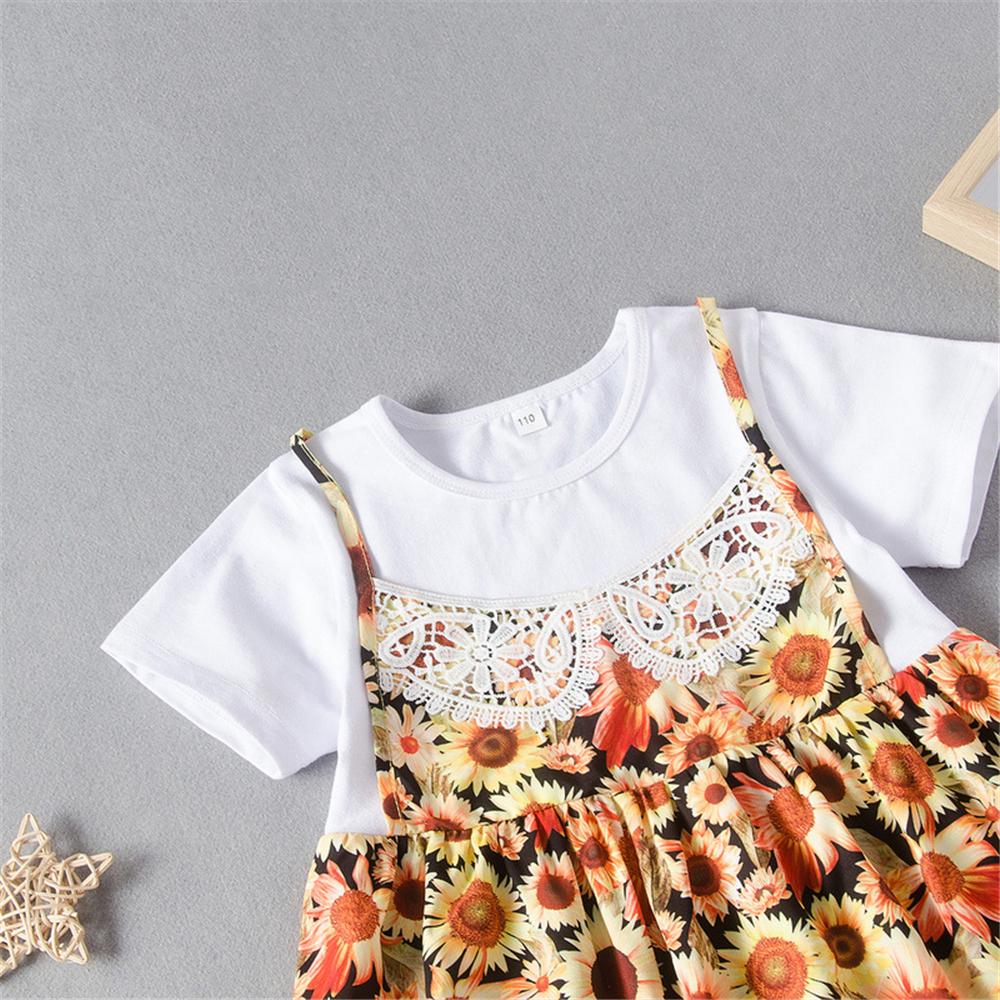 Girls Short Sleeve Sunflower Printed Splicing Dress Wholesale Little Girl Clothing