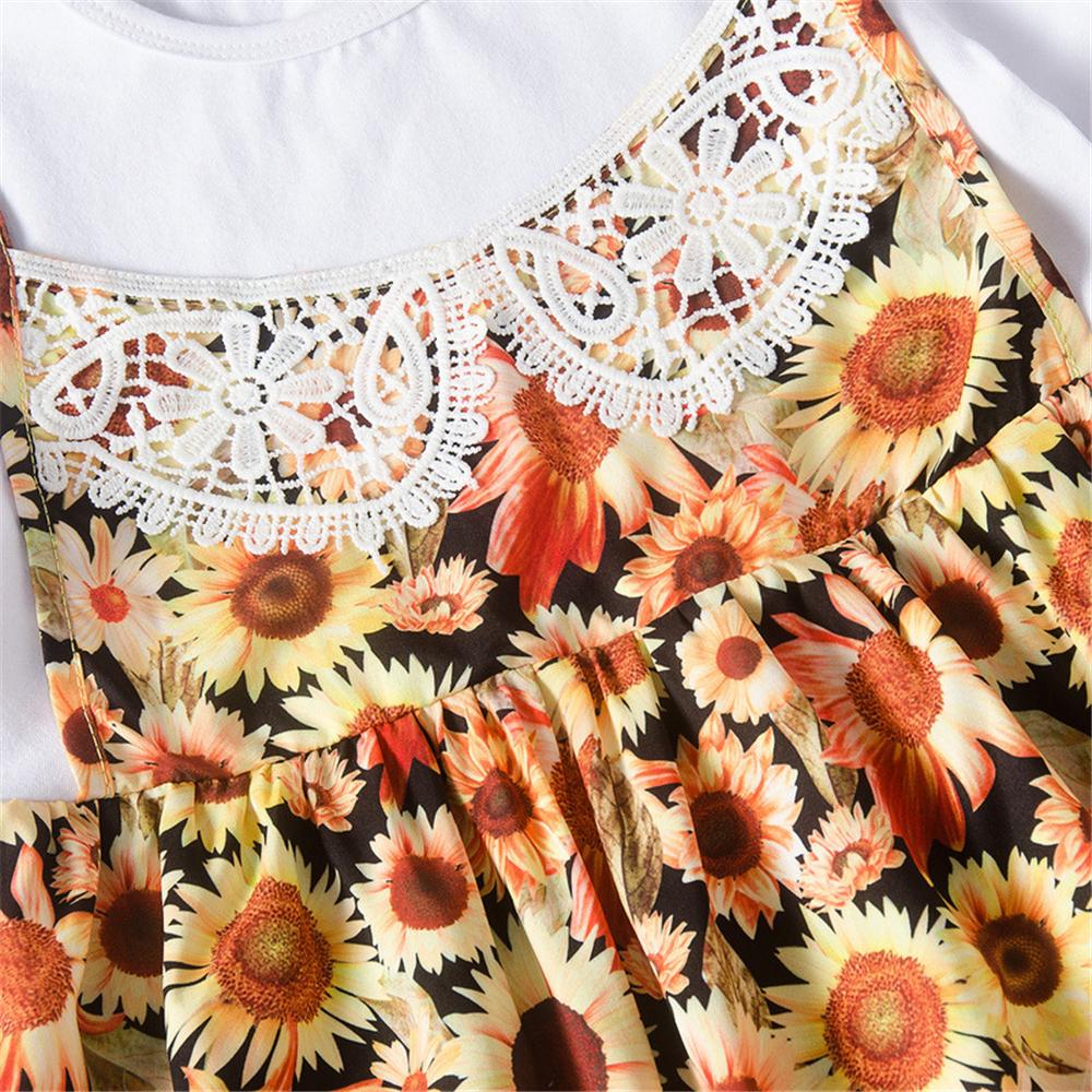 Girls Short Sleeve Sunflower Printed Splicing Dress Wholesale Little Girl Clothing