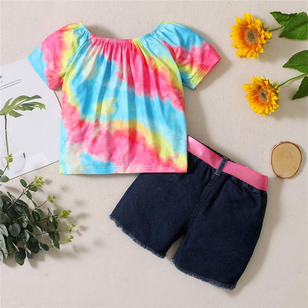 Girls Short Sleeve Tie Dye Top & Denim Shorts kids wholesale clothing