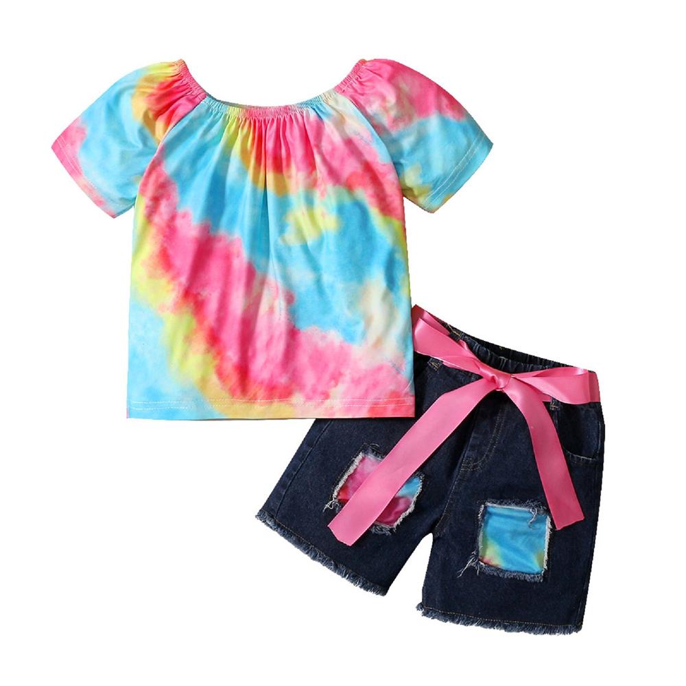 Girls Short Sleeve Tie Dye Top & Denim Shorts kids wholesale clothing