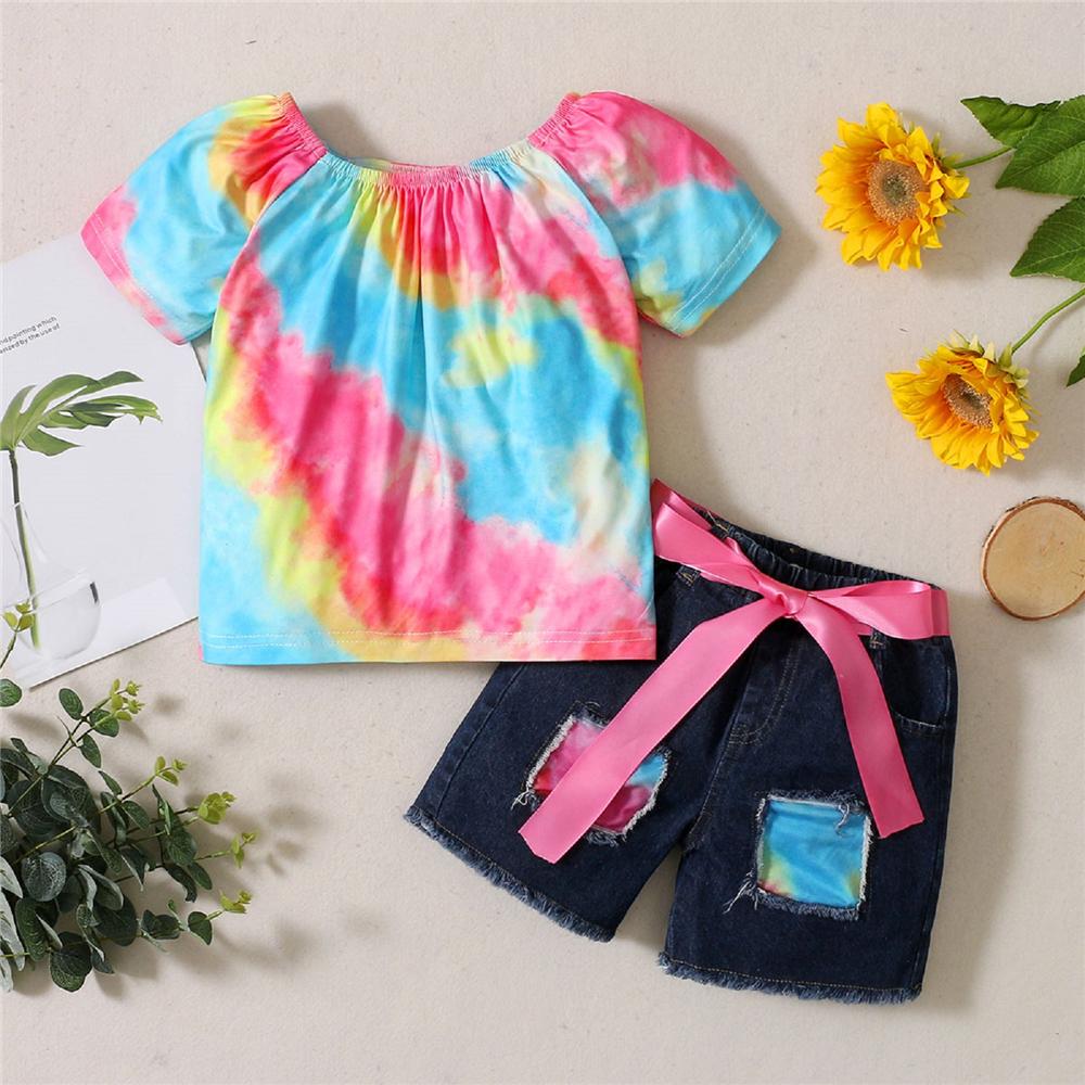 Girls Short Sleeve Tie Dye Top & Denim Shorts kids wholesale clothing