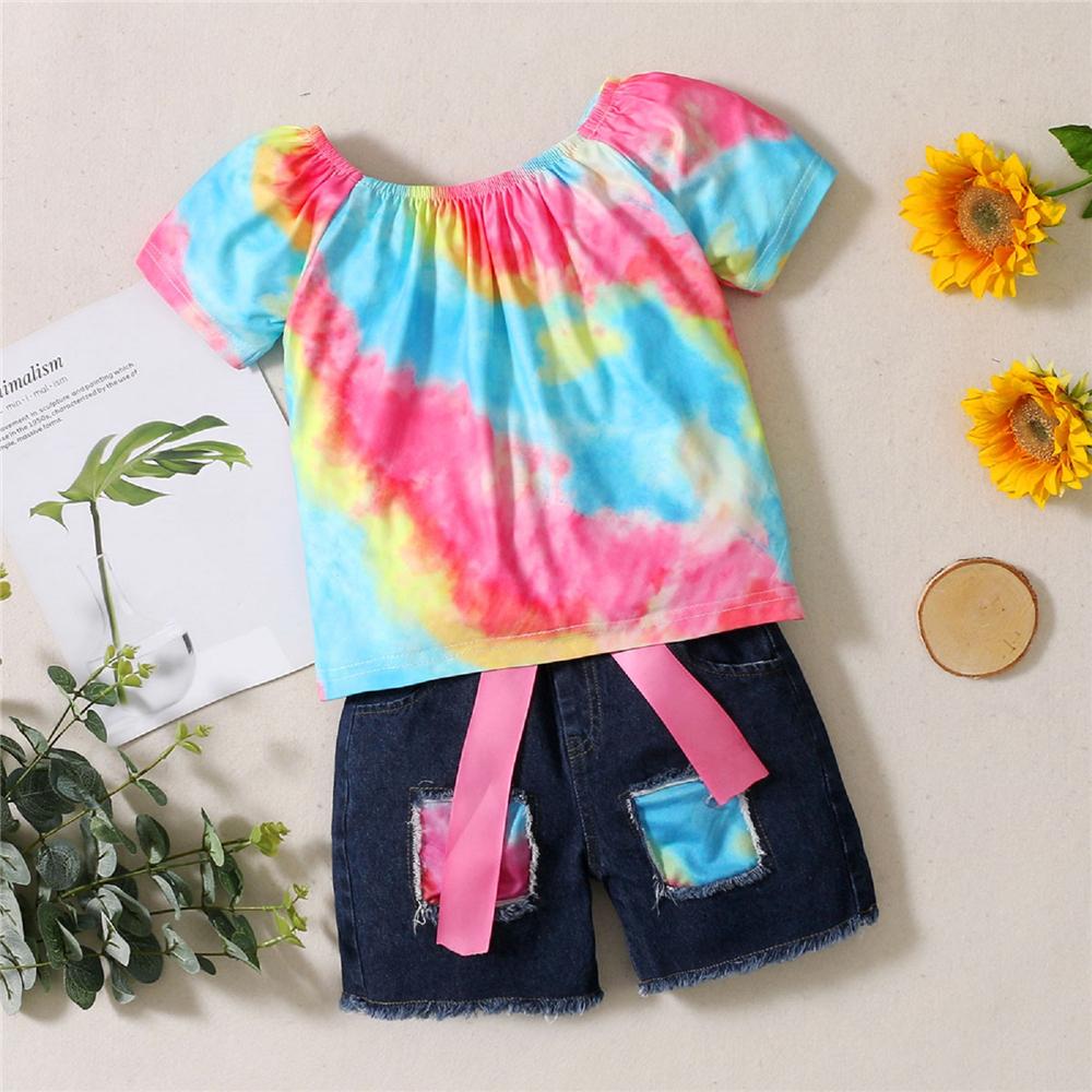 Girls Short Sleeve Tie Dye Top & Denim Shorts kids wholesale clothing