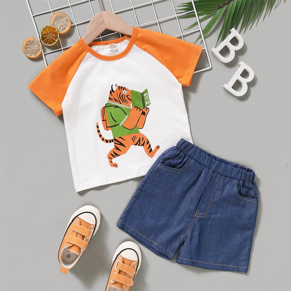 Boys Short Sleeve Tiger Cartoon Printed Top & Denim Shorts wholesale kids clothing