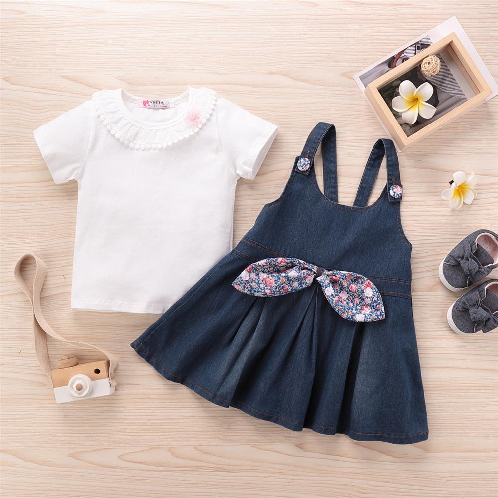 Girls Short Sleeve Top & Denim Suspender Dress wholesale childrens clothing