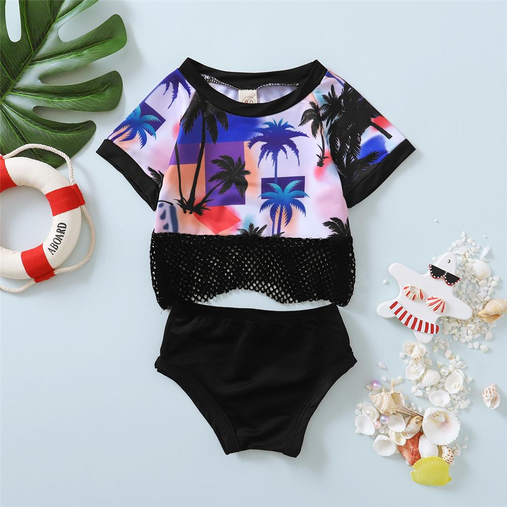 Girls Short Sleeve Tree Printed Grid Top & Shorts Toddler 2 Piece Swimsuit