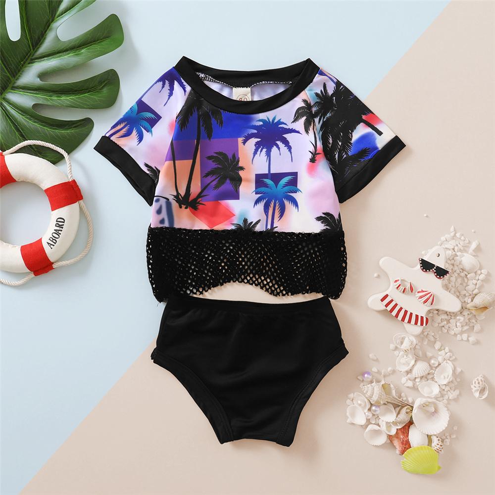 Girls Short Sleeve Tree Printed Grid Top & Shorts Toddler 2 Piece Swimsuit