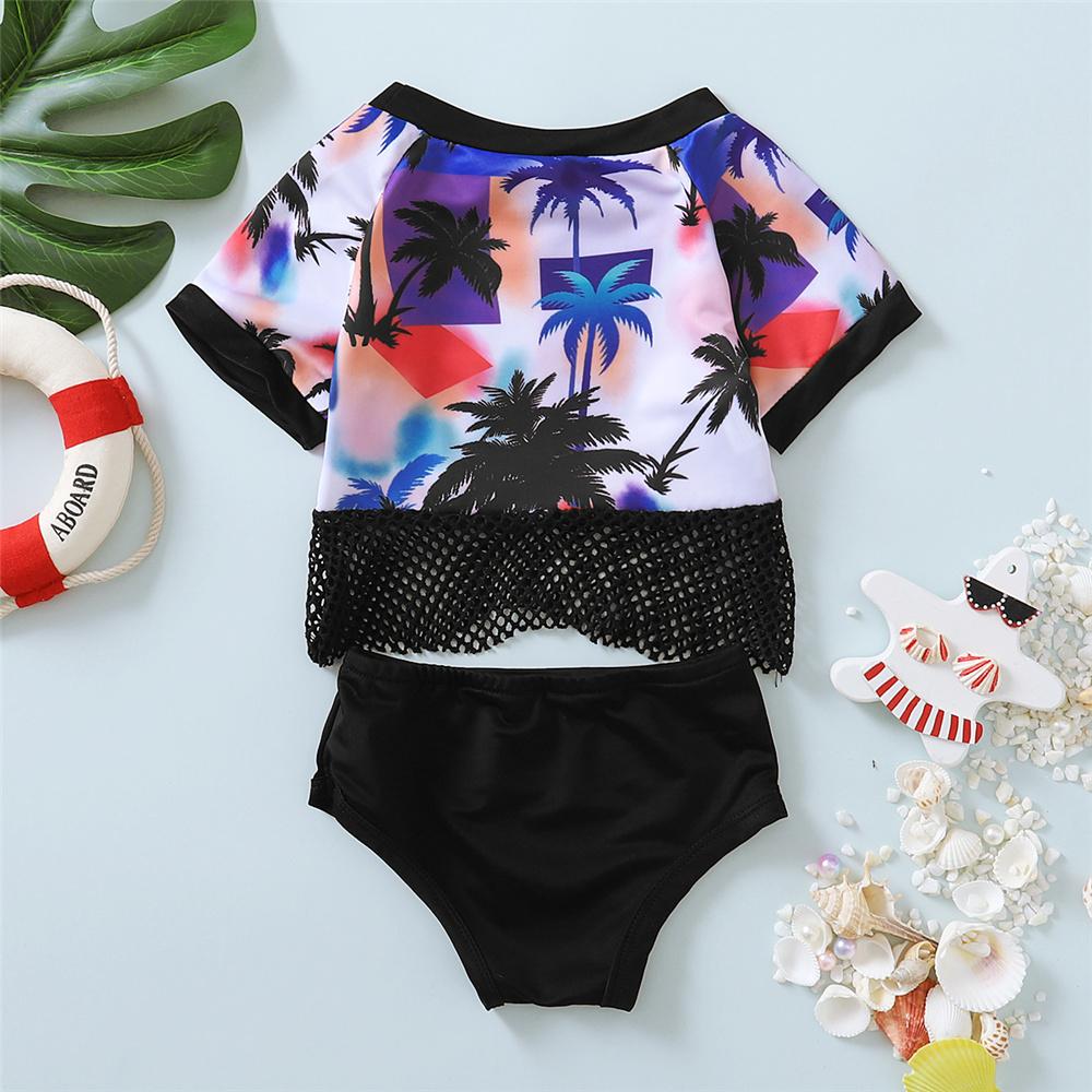 Girls Short Sleeve Tree Printed Grid Top & Shorts Toddler 2 Piece Swimsuit