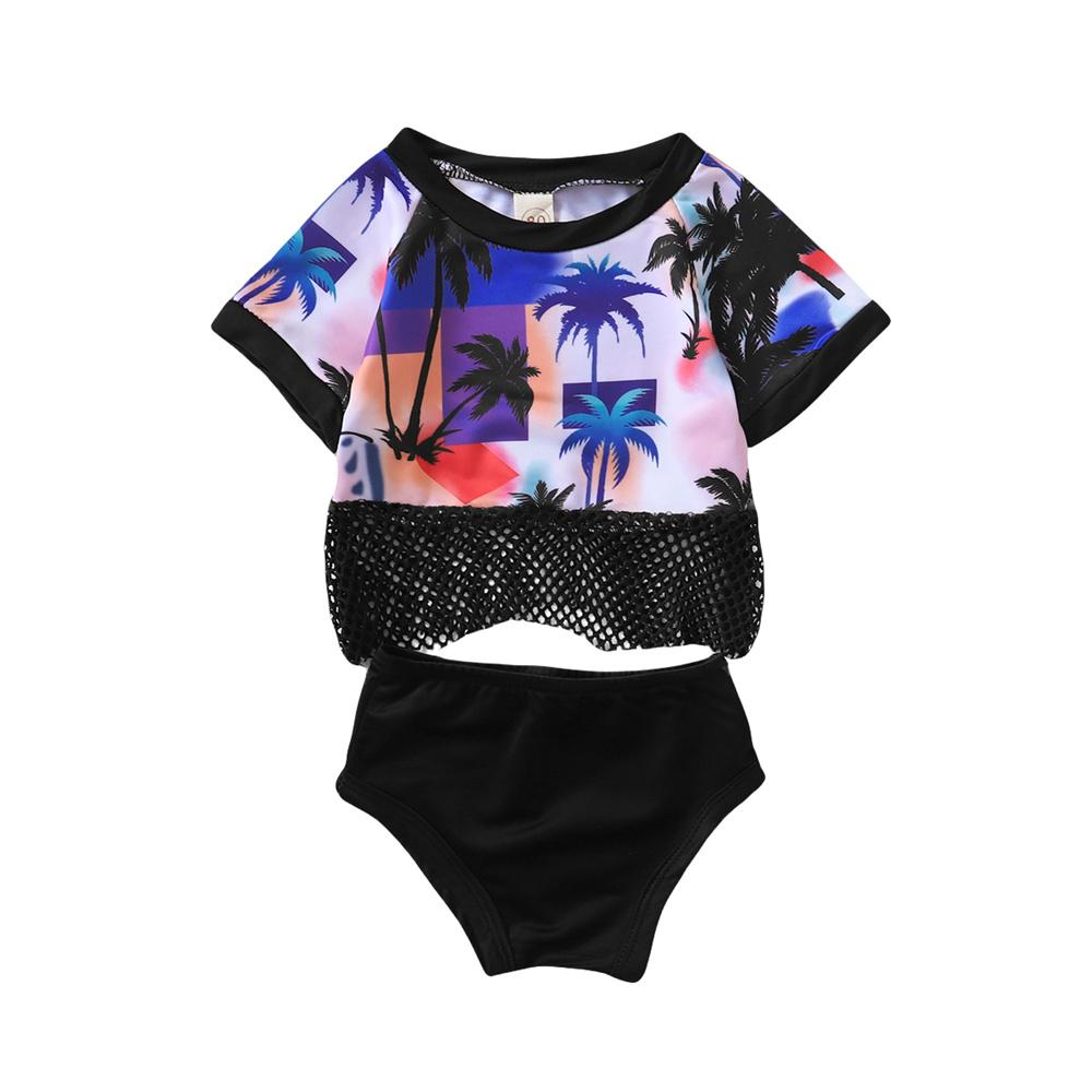 Girls Short Sleeve Tree Printed Grid Top & Shorts Toddler 2 Piece Swimsuit