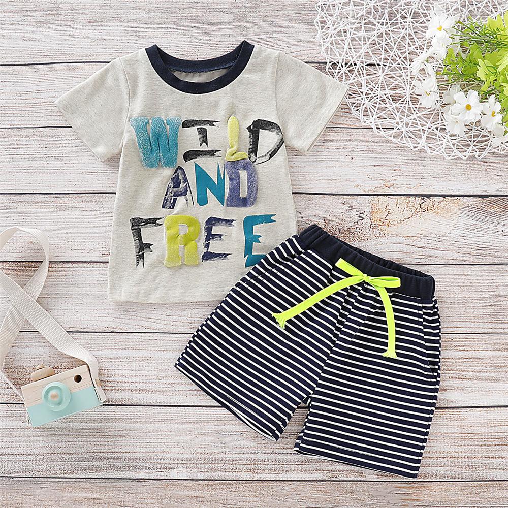 Boys Short Sleeve Wild And Free Top & Striped Shorts Boy Summer Outfits