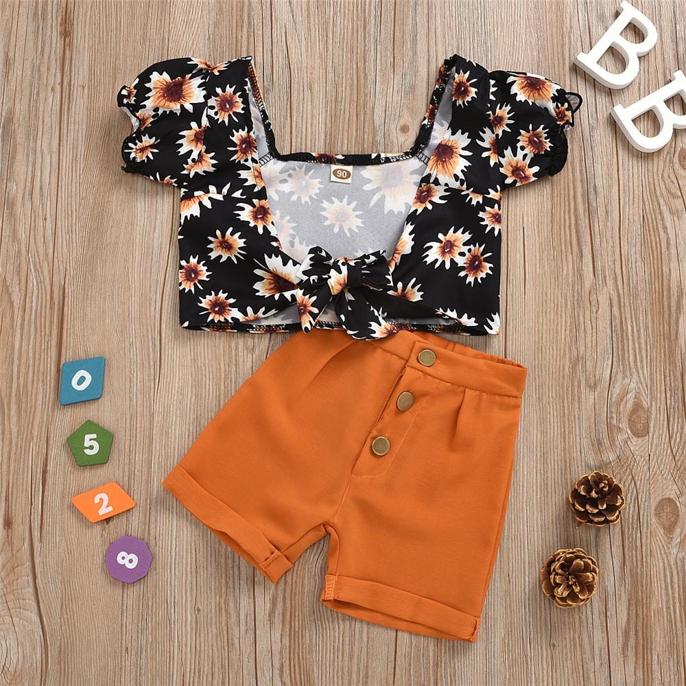 Girls Shorts Sleeve Backless Sunflower Printed Top & Shorts wholesale girls clothes