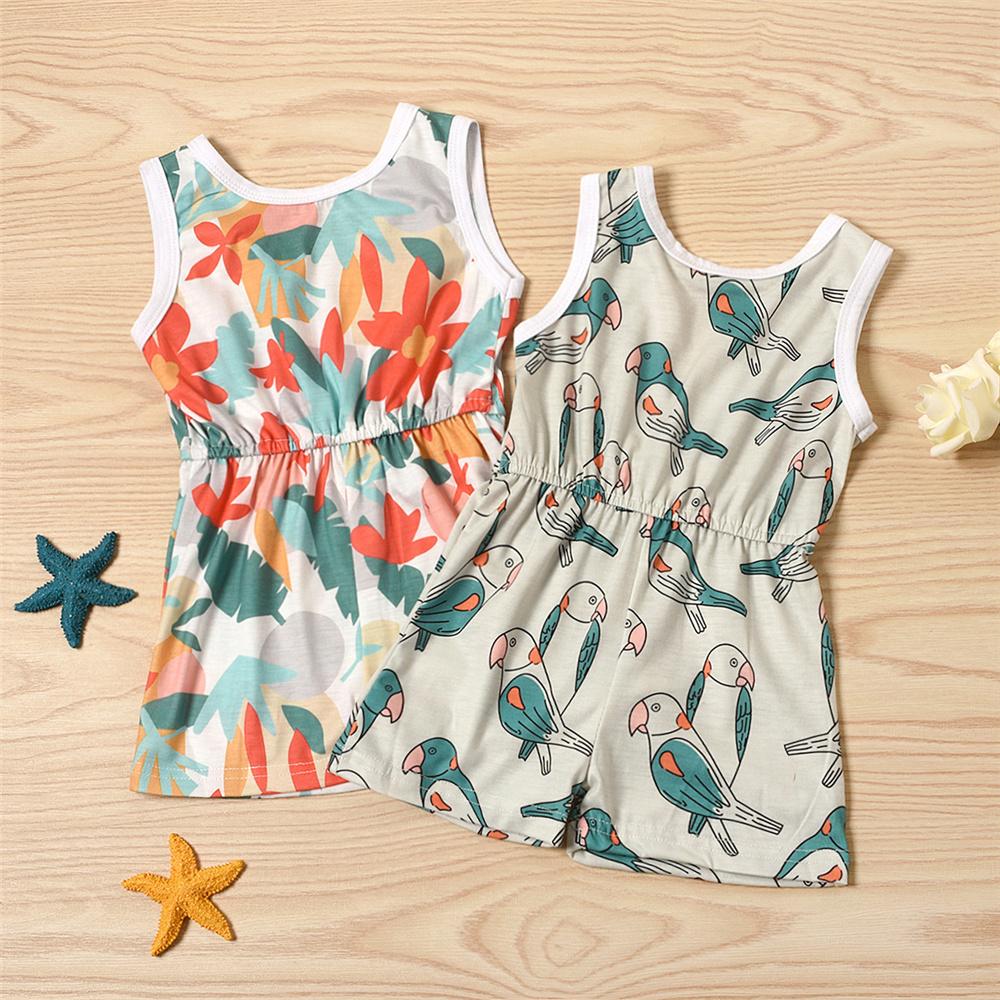 Girls Sleeveless Bird Flower Printed Jumpsuit Wholesale Clothing For Children