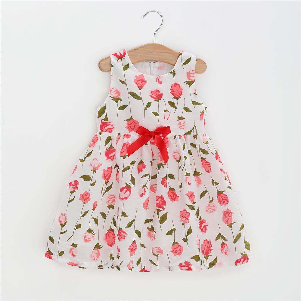 Girls Sleeveless Bow Floral Printed Summer Dresses Wholesale Toddler Dresses