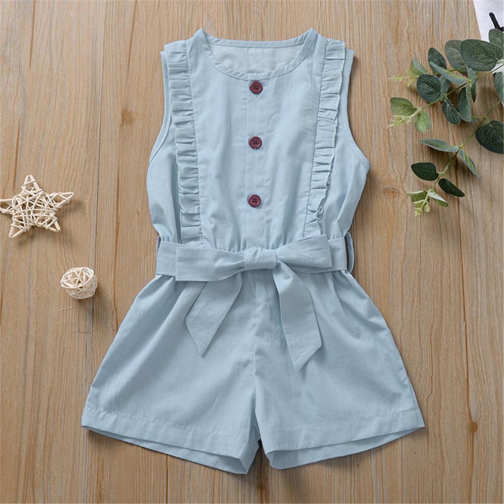 Girls Sleeveless Crew Neck Button Ruffled Jumpsuit Wholesale Boutique Clothing For Toddlers