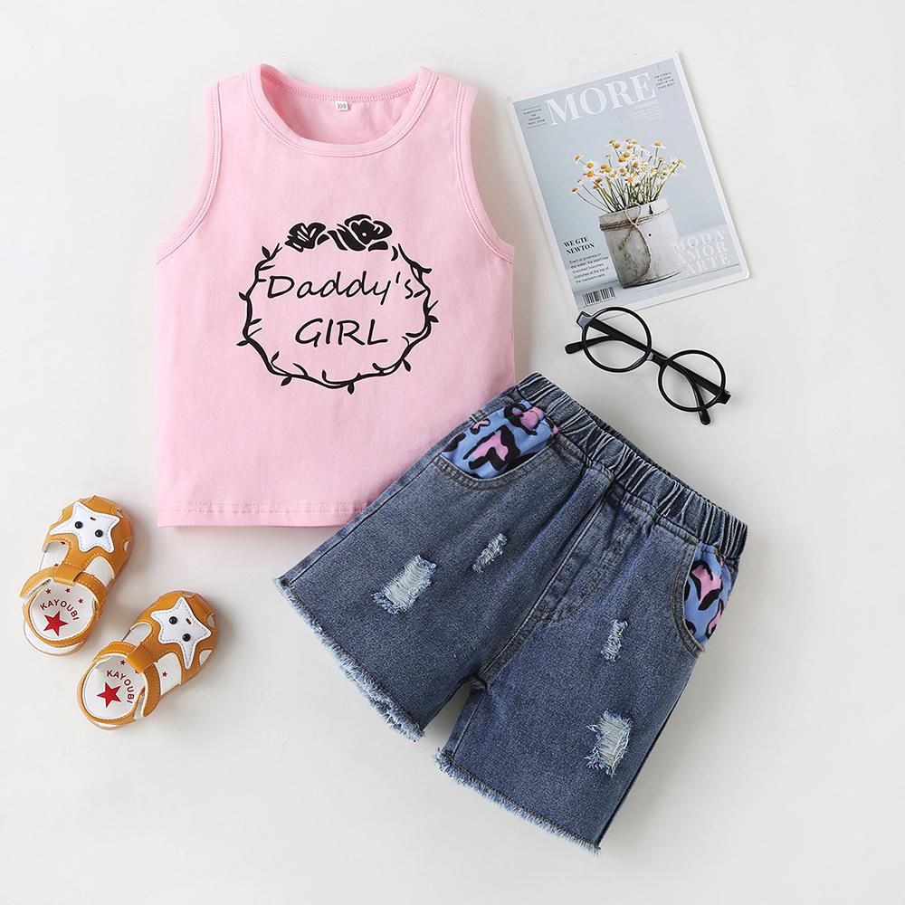 Girls Sleeveless Daddys Girl Letter Printed Top & Denim Shorts wholesale kids clothing