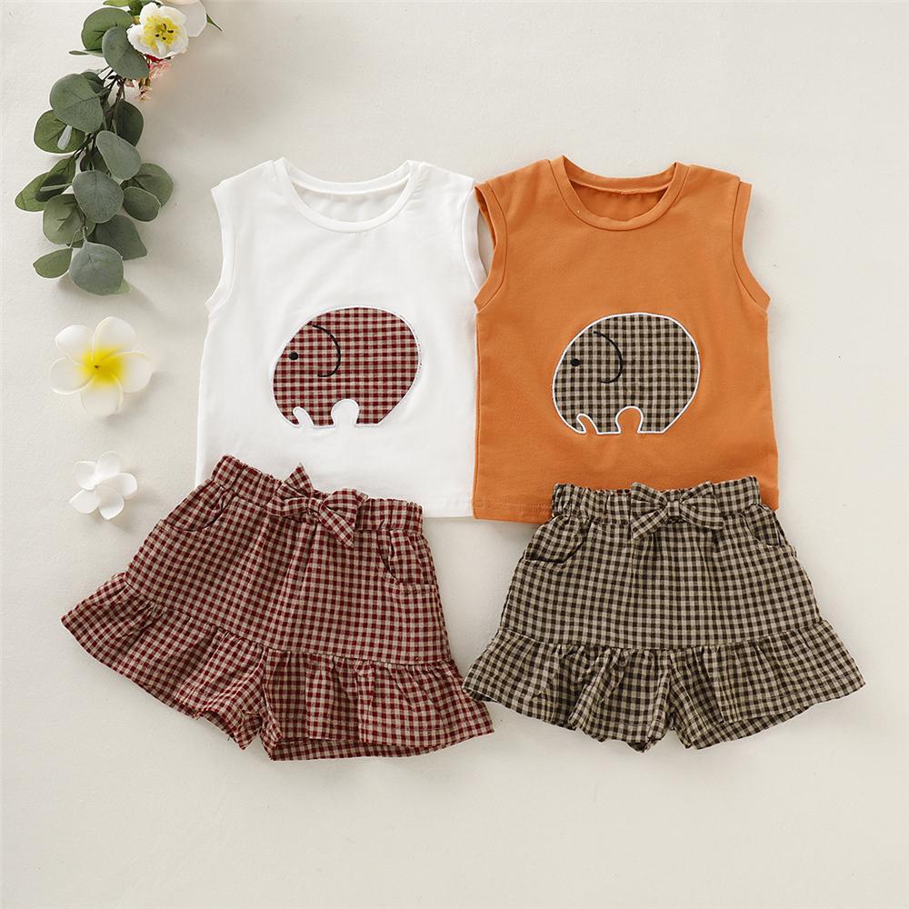 Girls Sleeveless Elephant Plaid T-shirt & Shorts Girls Wholesale Clothing