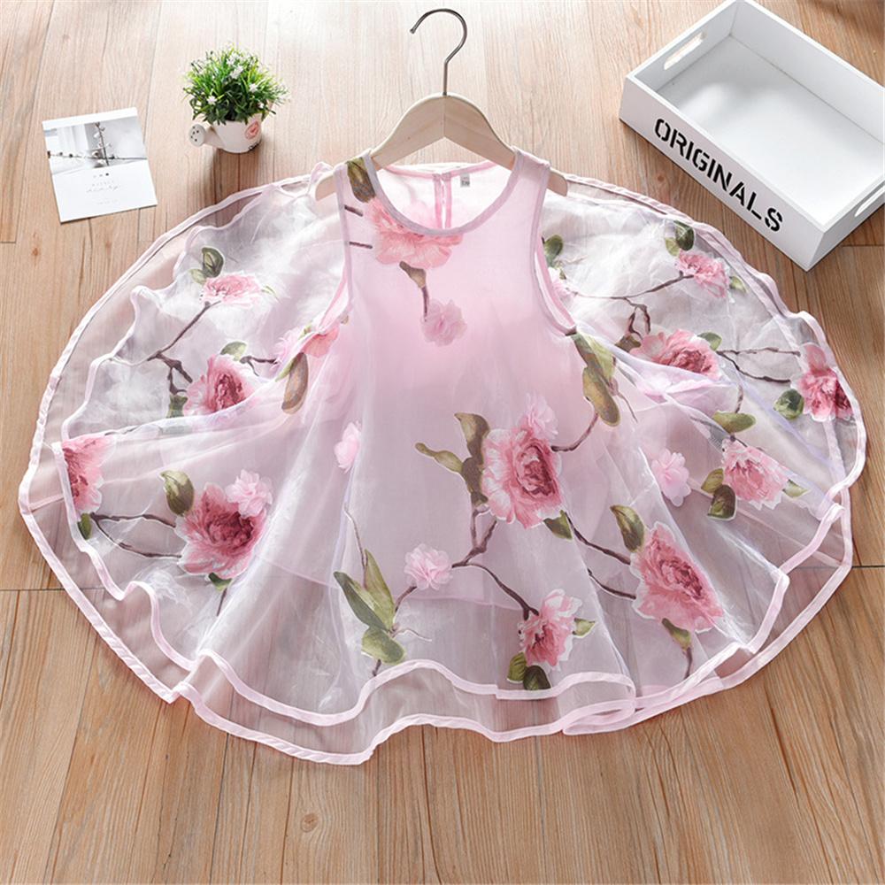 Girls Sleeveless Floral Printed Layered Puffy Dress wholesale girls clothes