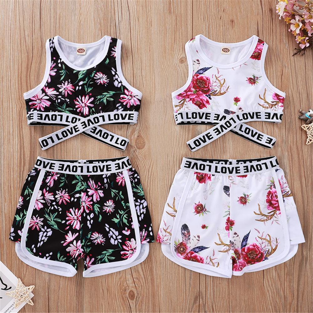 Girls Sleeveless Floral Printed Letter Love Tracksuit Wholesale Clothing For Children