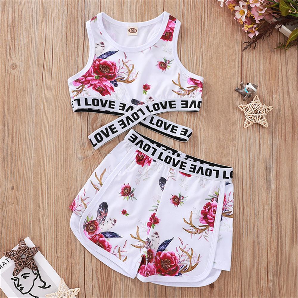 Girls Sleeveless Floral Printed Letter Love Tracksuit Wholesale Clothing For Children