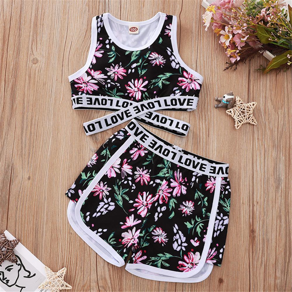 Girls Sleeveless Floral Printed Letter Love Tracksuit Wholesale Clothing For Children