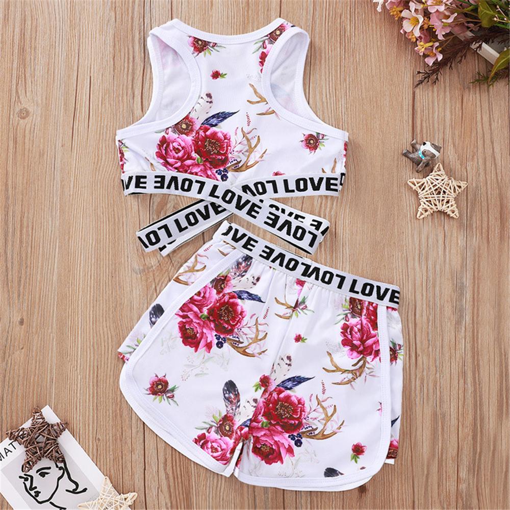 Girls Sleeveless Floral Printed Letter Love Tracksuit Wholesale Clothing For Children