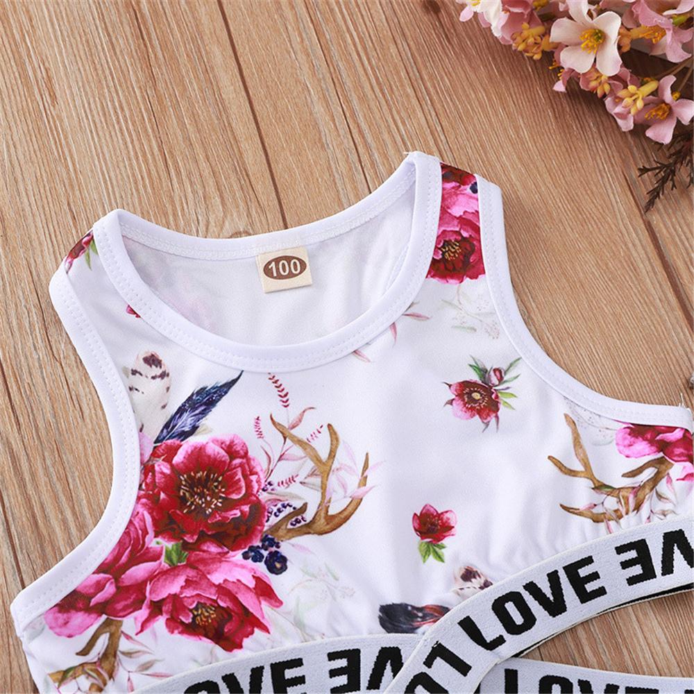 Girls Sleeveless Floral Printed Letter Love Tracksuit Wholesale Clothing For Children