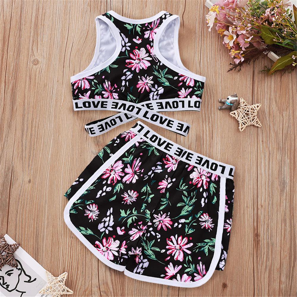 Girls Sleeveless Floral Printed Letter Love Tracksuit Wholesale Clothing For Children