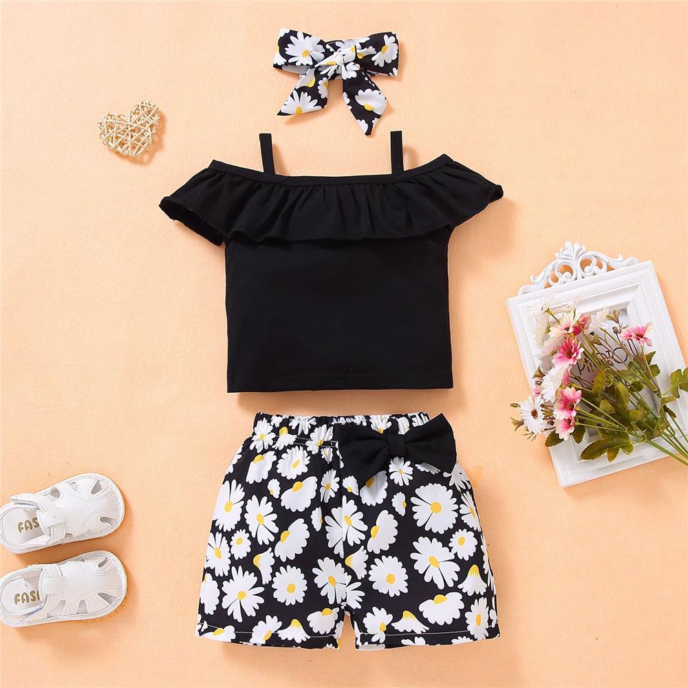 Girls Sleeveless Floral Printed Oblique Top & Shorts & Headband wholesale toddler clothing