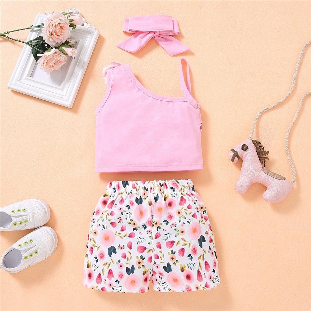Girls Sleeveless Floral Printed Oblique Top & Shorts & Headband wholesale toddler clothing