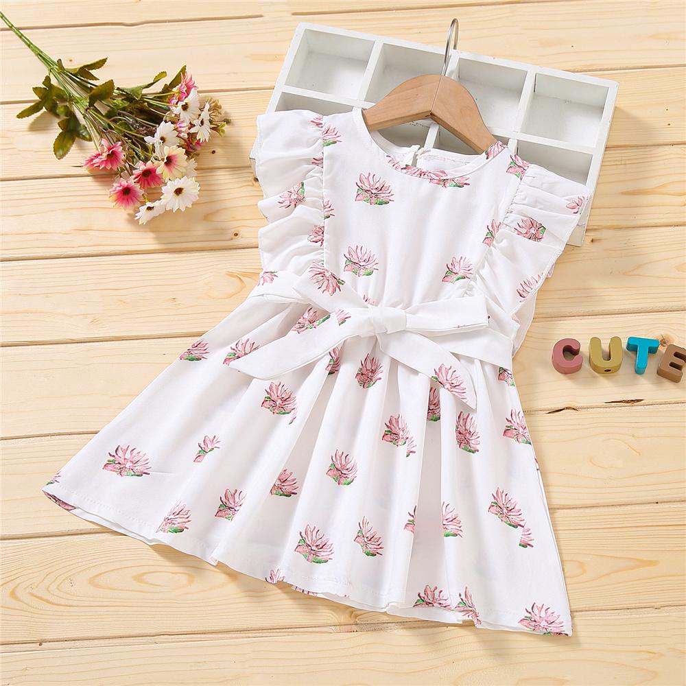 Girls Sleeveless Floral Printed Pleated Belt Dress quality children's clothing wholesale