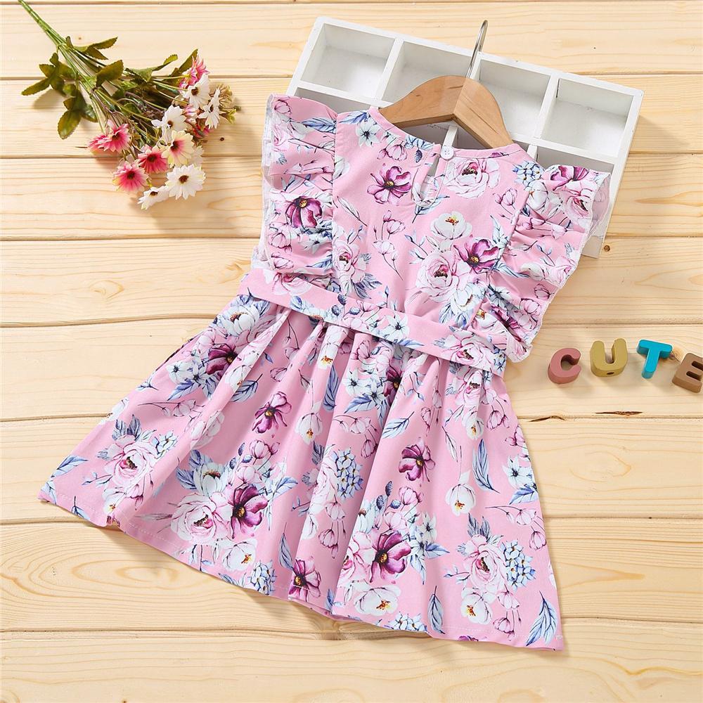 Girls Sleeveless Floral Printed Pleated Belt Dress quality children's clothing wholesale
