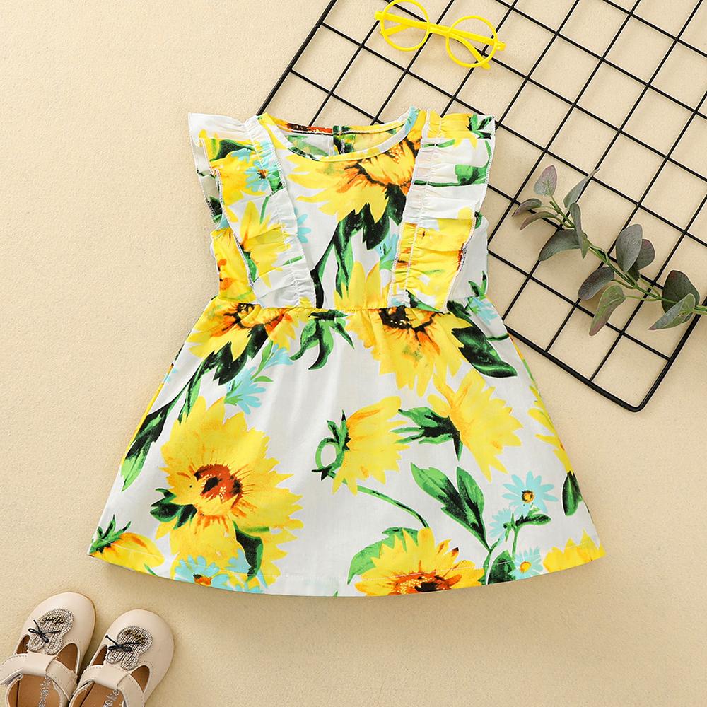 Baby Girls Sleeveless Floral Printed Ruffled Dress baby clothes wholesale