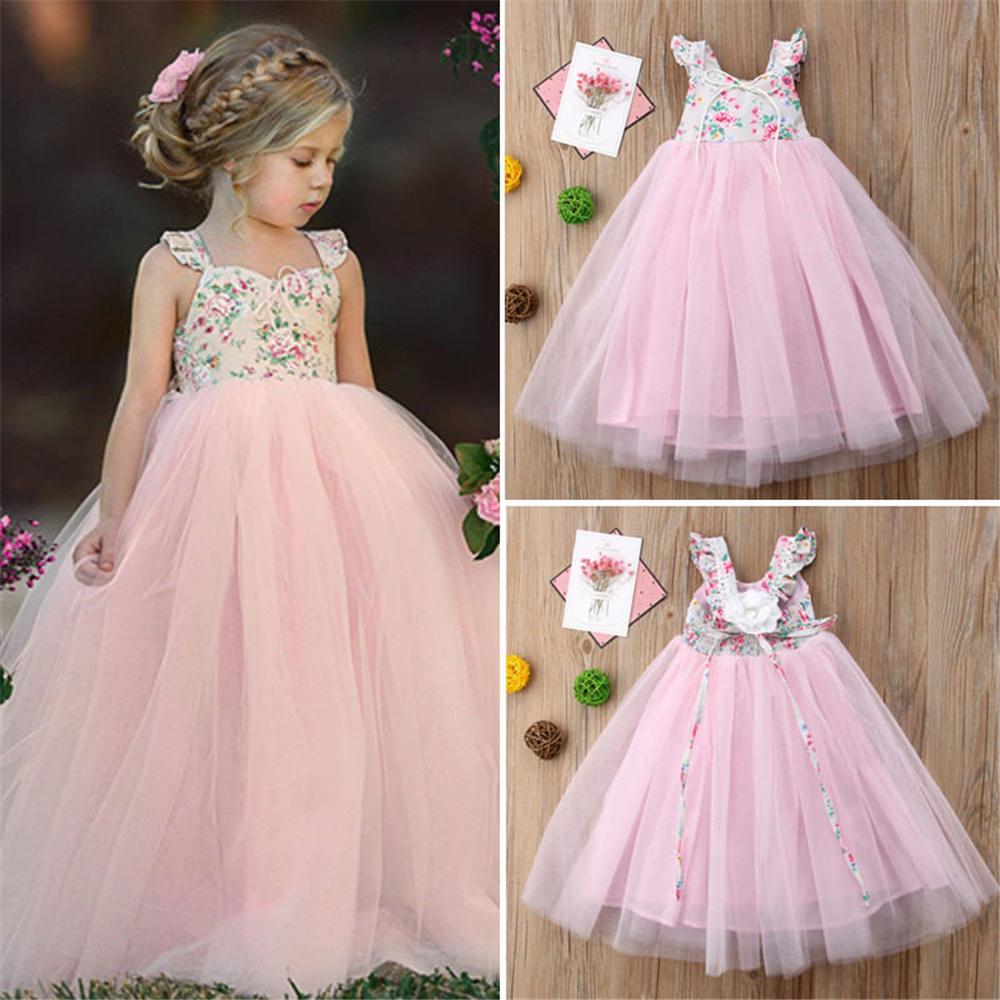 Girls Sleeveless Floral Printed Splicing Mesh Princess Dresses kids clothes wholesale