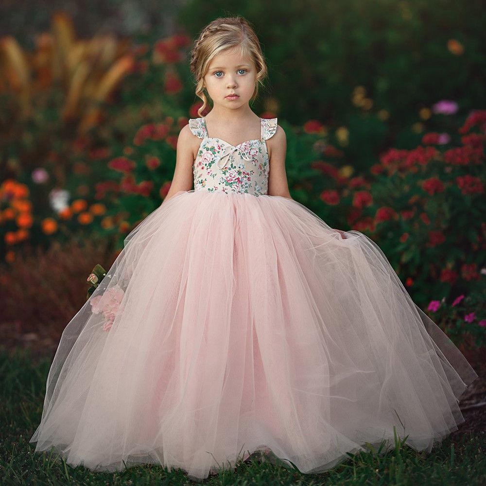 Girls Sleeveless Floral Printed Splicing Mesh Princess Dresses kids clothes wholesale