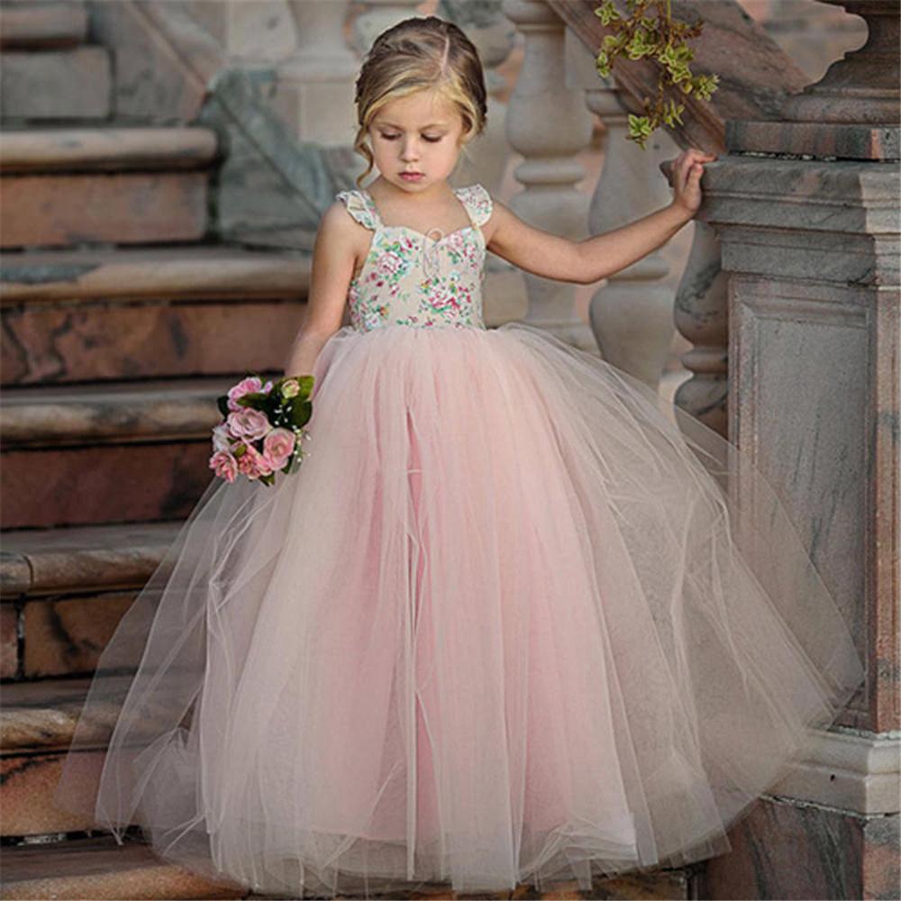 Girls Sleeveless Floral Printed Splicing Mesh Princess Dresses kids clothes wholesale