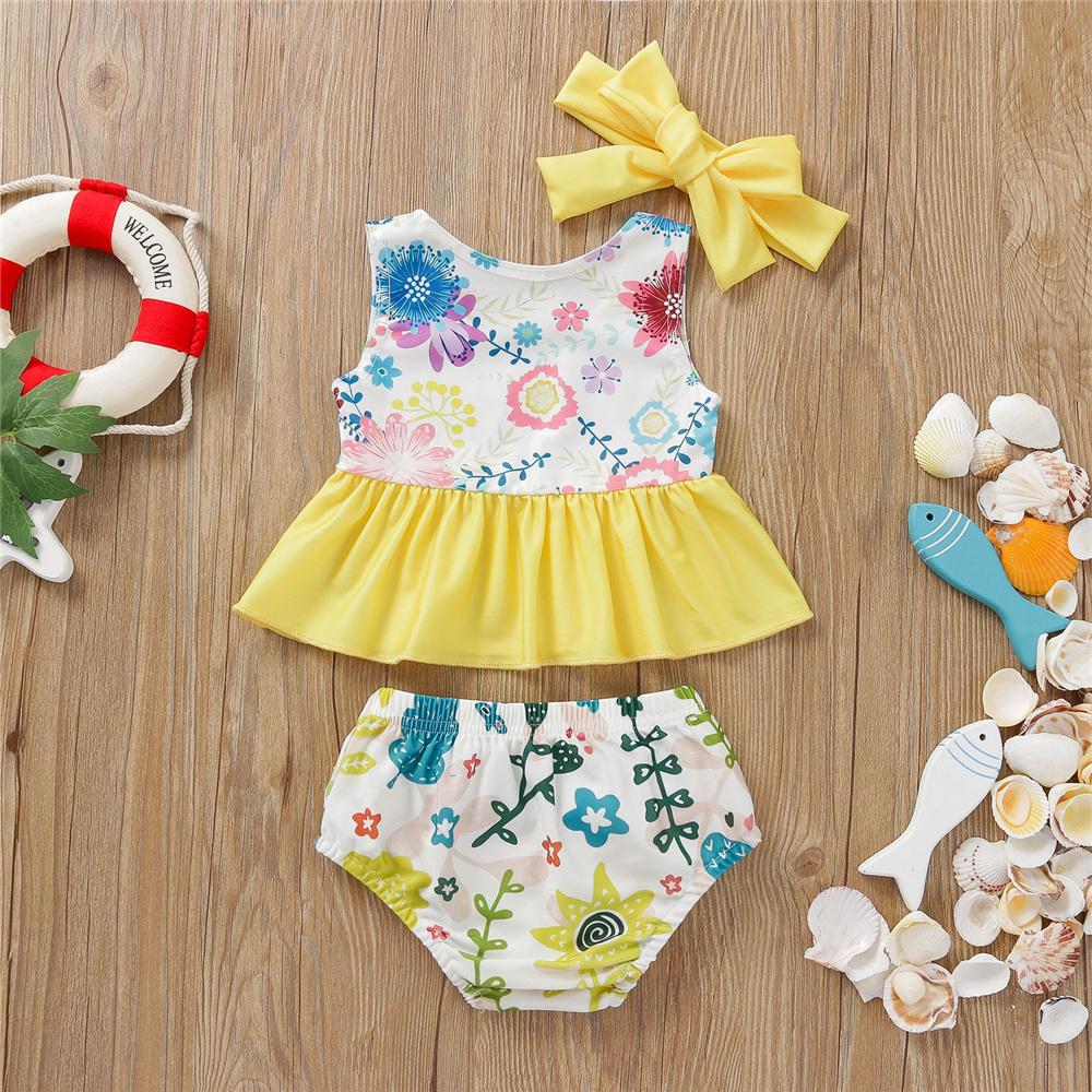 Girls Sleeveless Floral Printed Top & Shorts & Headband Swimwear With Shorts