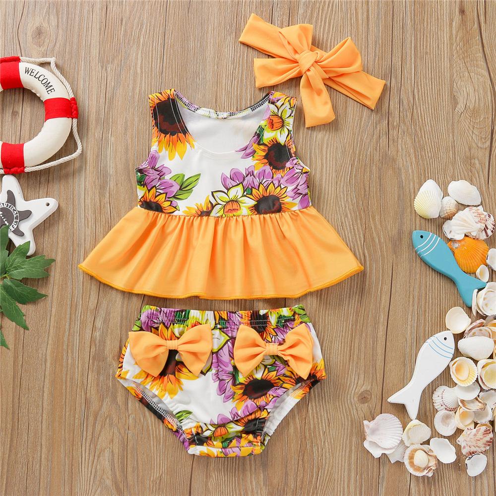 Girls Sleeveless Floral Printed Top & Shorts & Headband Swimwear With Shorts