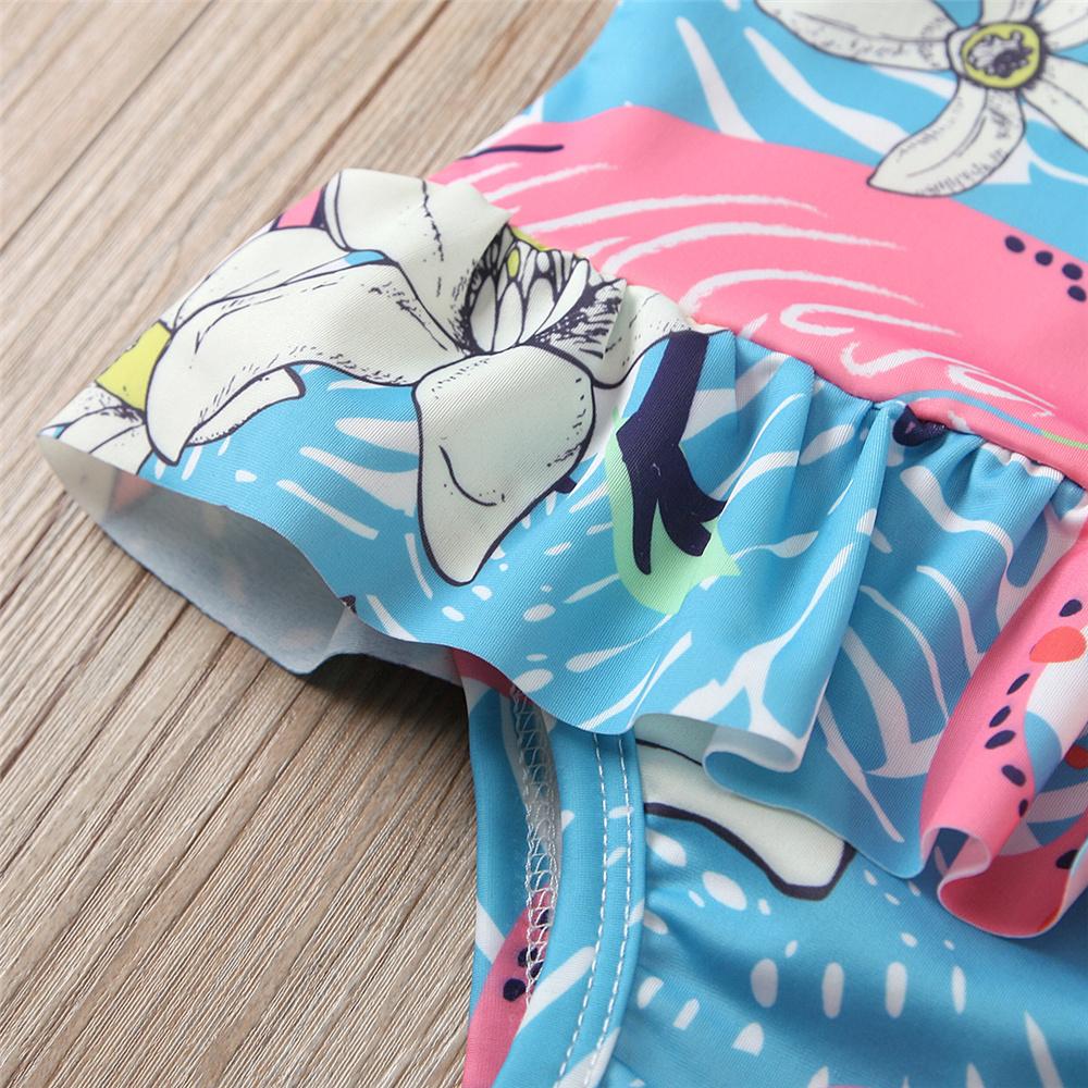 Girls Sleeveless Floral Swan Ruffled Swimwear Toddler One Piece Swimsuit