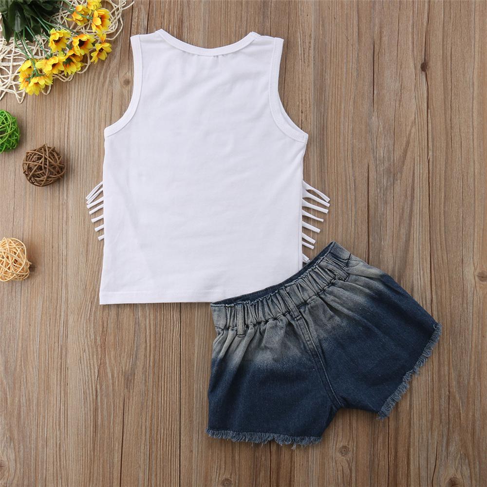 Girls Sleeveless Heart Printed Tassel Top & Denim Shorts Wholesale Girl Clothing