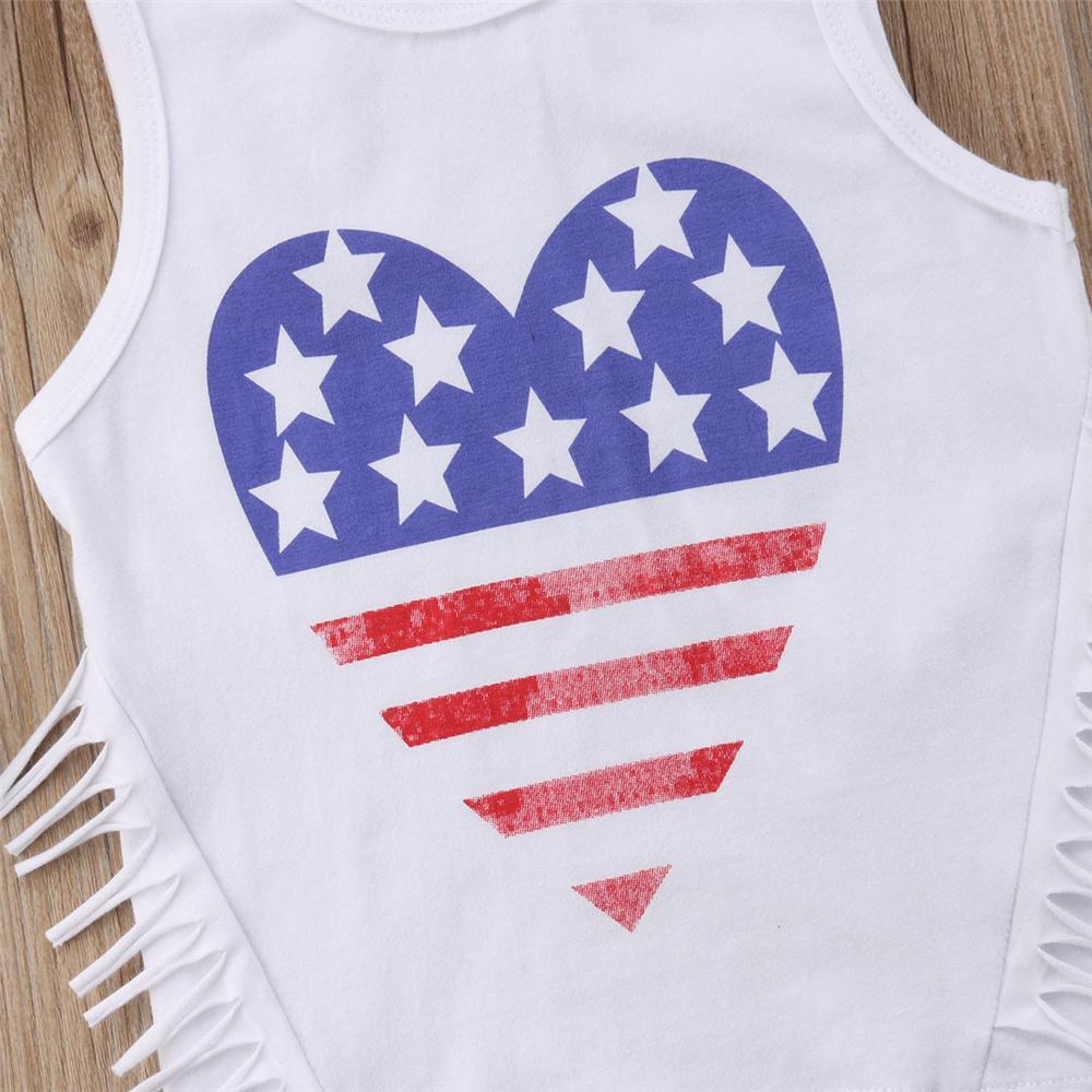 Girls Sleeveless Heart Printed Tassel Top & Denim Shorts Wholesale Girl Clothing