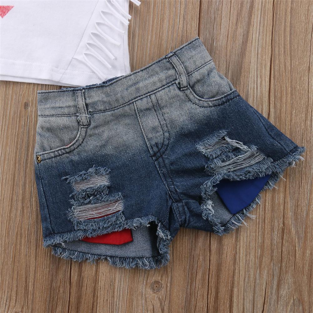 Girls Sleeveless Heart Printed Tassel Top & Denim Shorts Wholesale Girl Clothing