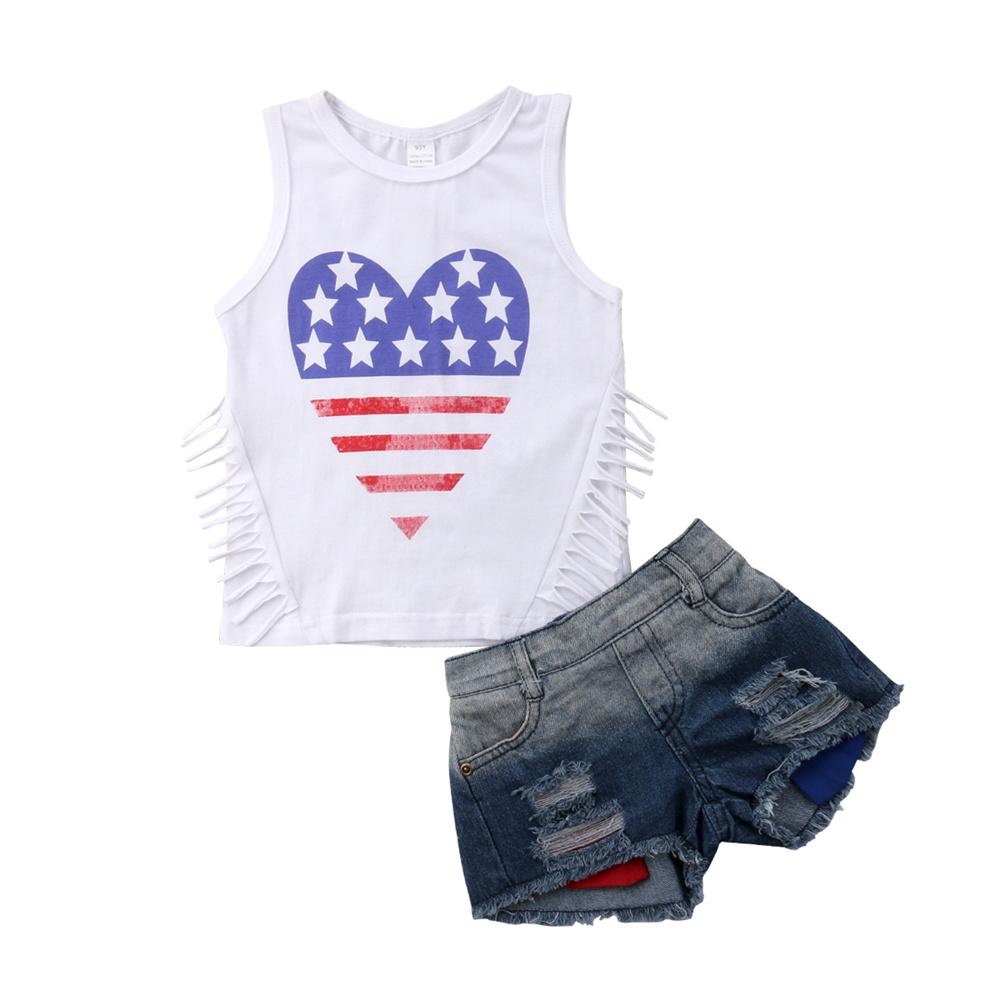 Girls Sleeveless Heart Printed Tassel Top & Denim Shorts Wholesale Girl Clothing