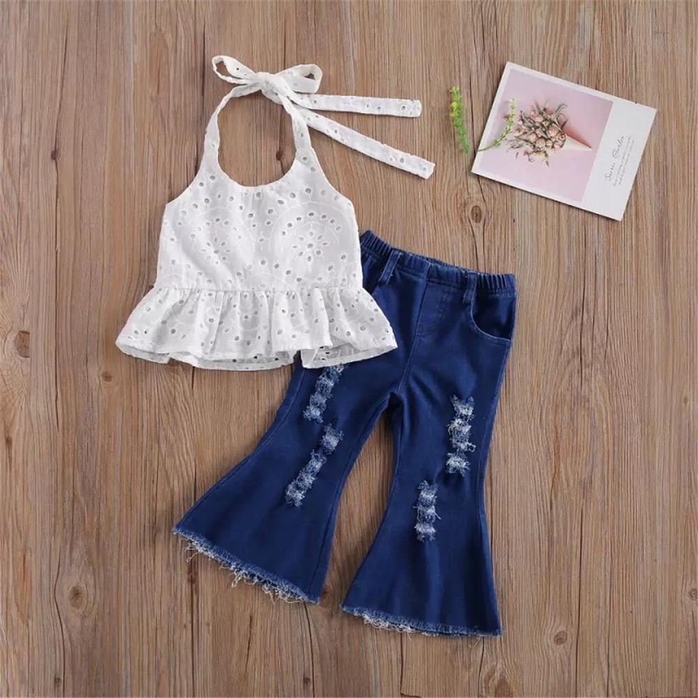 Girls Sleeveless Hollow Out Tie Up Top & Ripped Jeans Buy Kids Clothing Wholesale