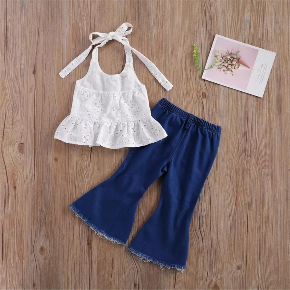 Girls Sleeveless Hollow Out Tie Up Top & Ripped Jeans Buy Kids Clothing Wholesale